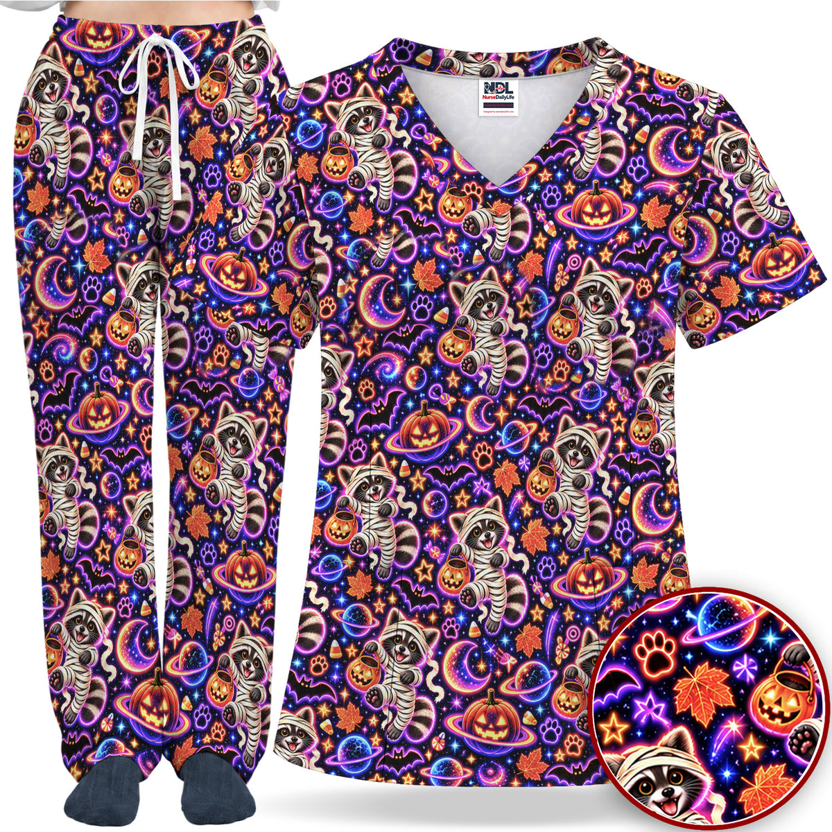 Cute Mummy Raccoons and Pumpkins Halloween Nursing Scrub Set | NurseDailyLife