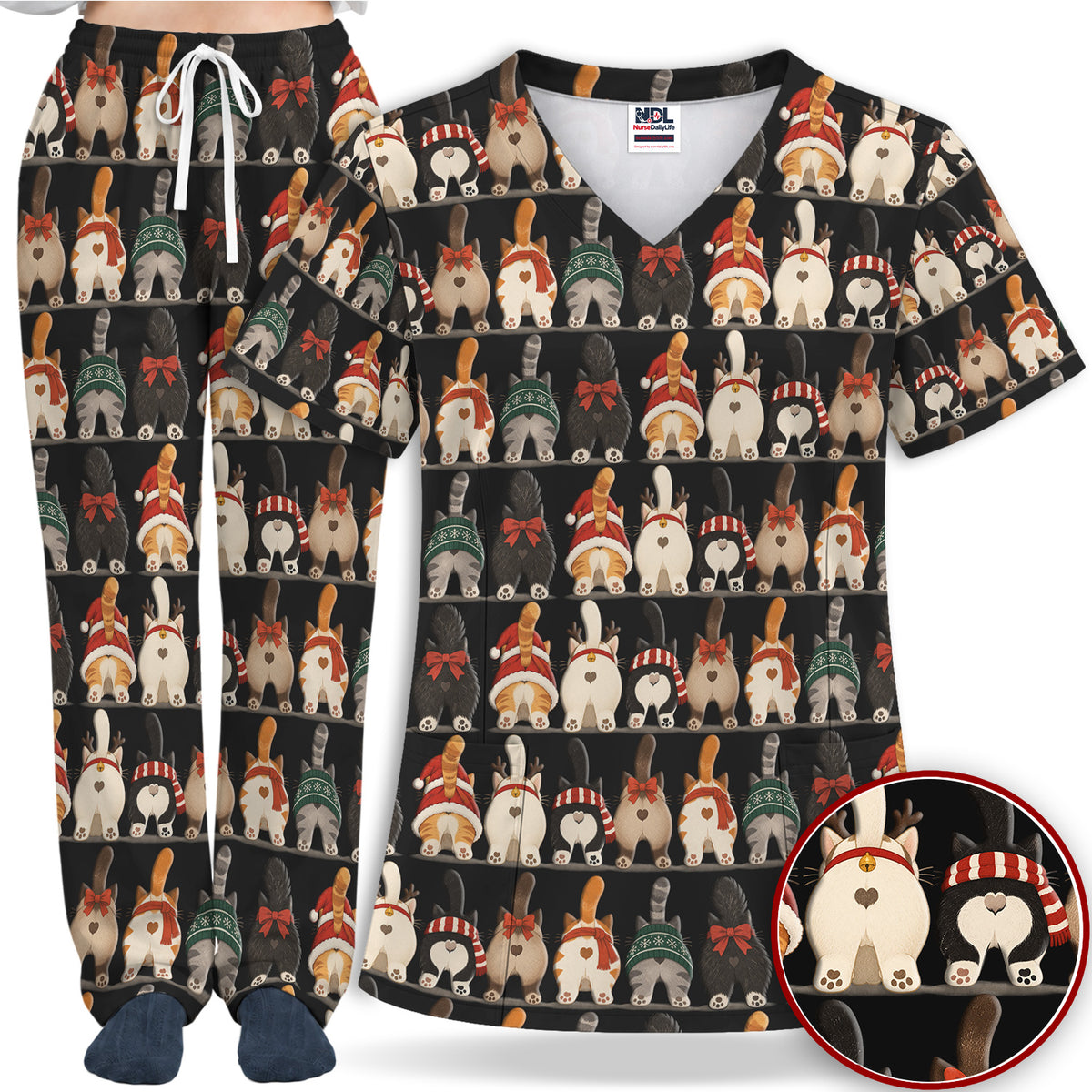 Cute Christmas Cat Butts with Festive Bows and Scarves Nurse Scrub Set | NurseDailyLife