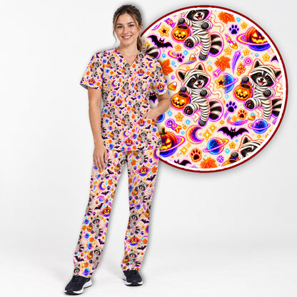 Cute Mummy Raccoons and Pumpkins Halloween Nursing Scrub Set | NurseDailyLife